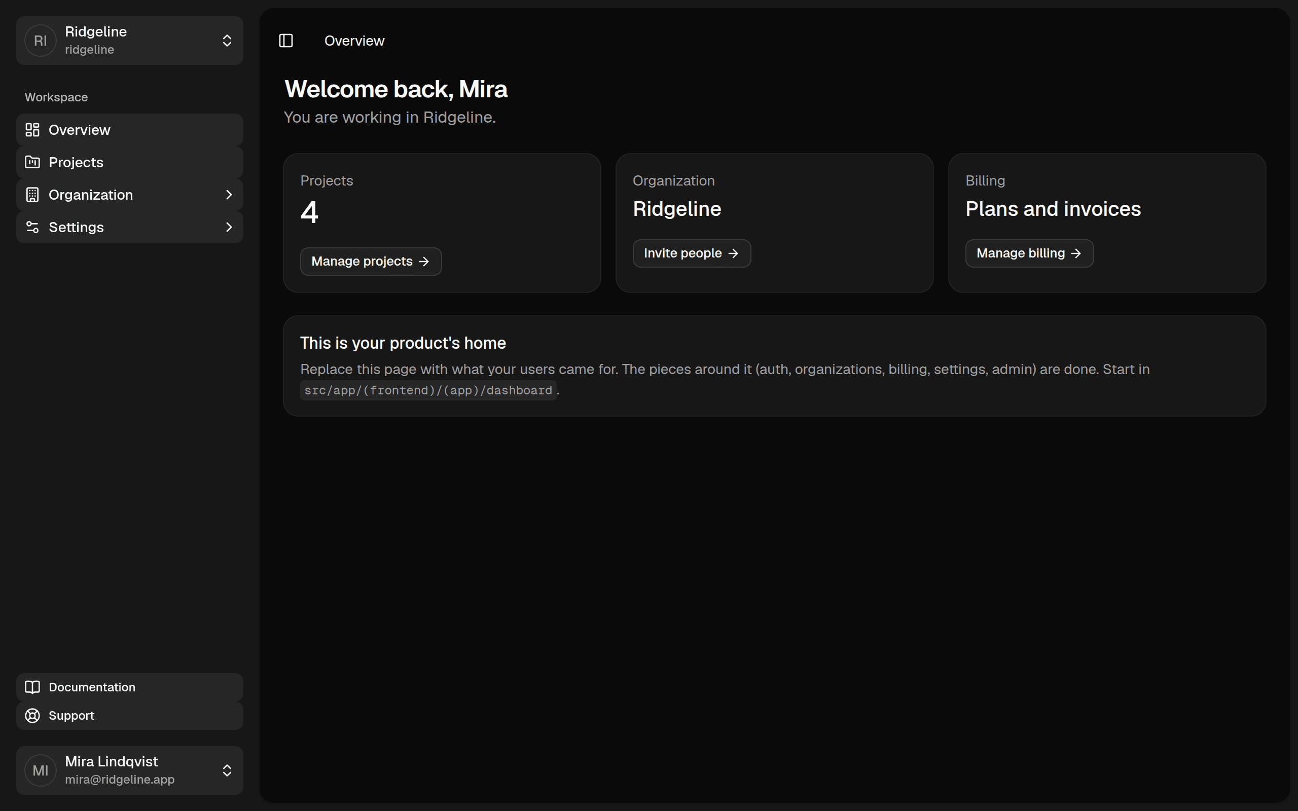 Payload Stack dashboard overview for the Ridgeline organization
