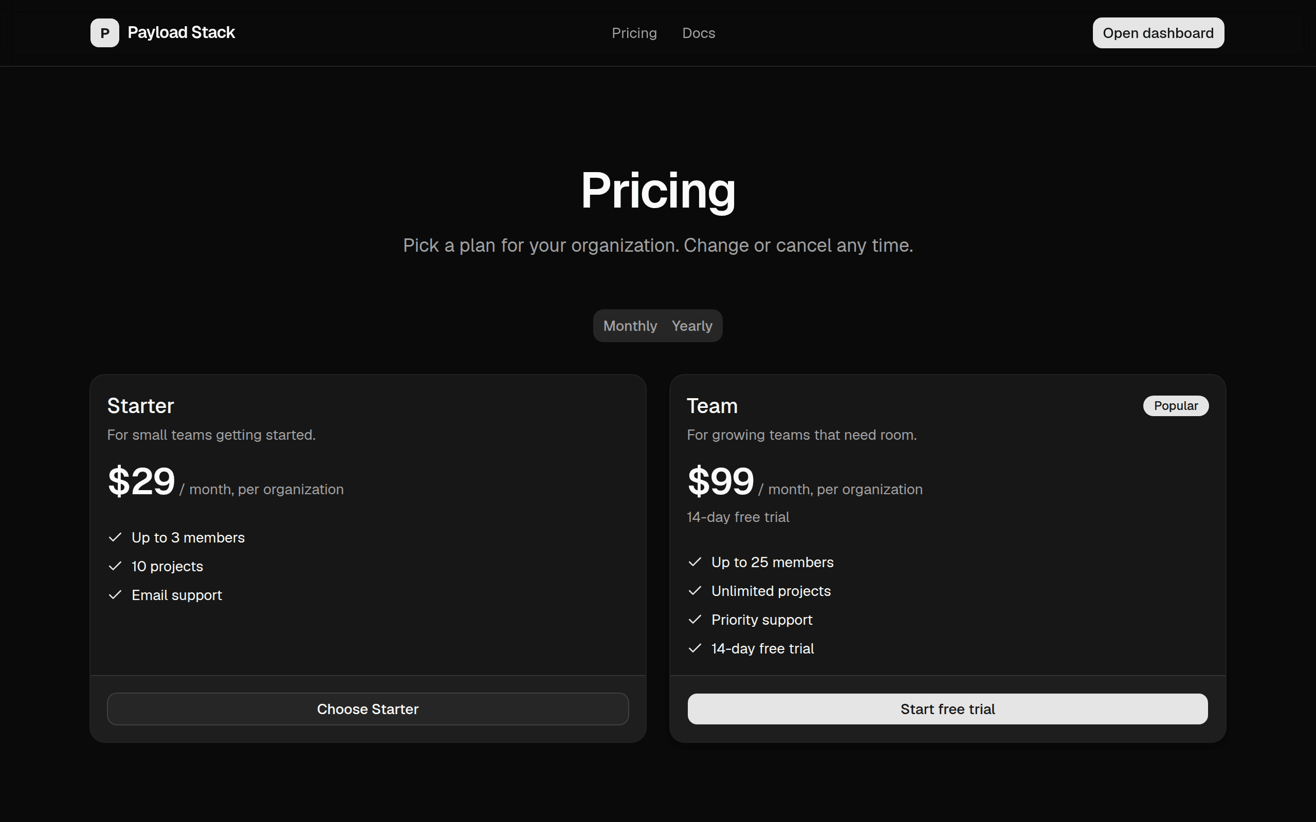 Pricing page with Starter and Team plans, generated from stack.config.ts