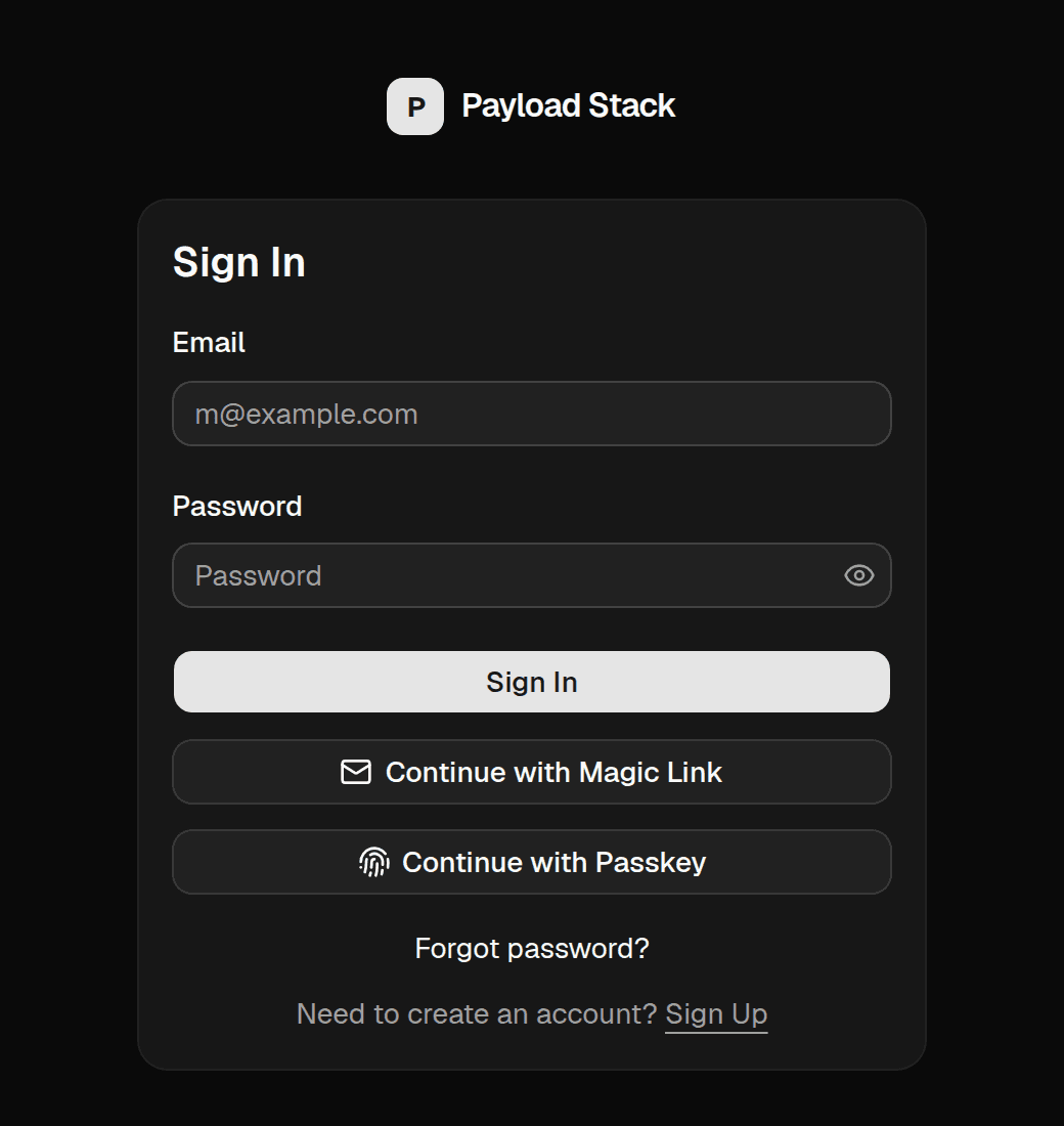 Sign-in screen with email and password, magic link and passkey options