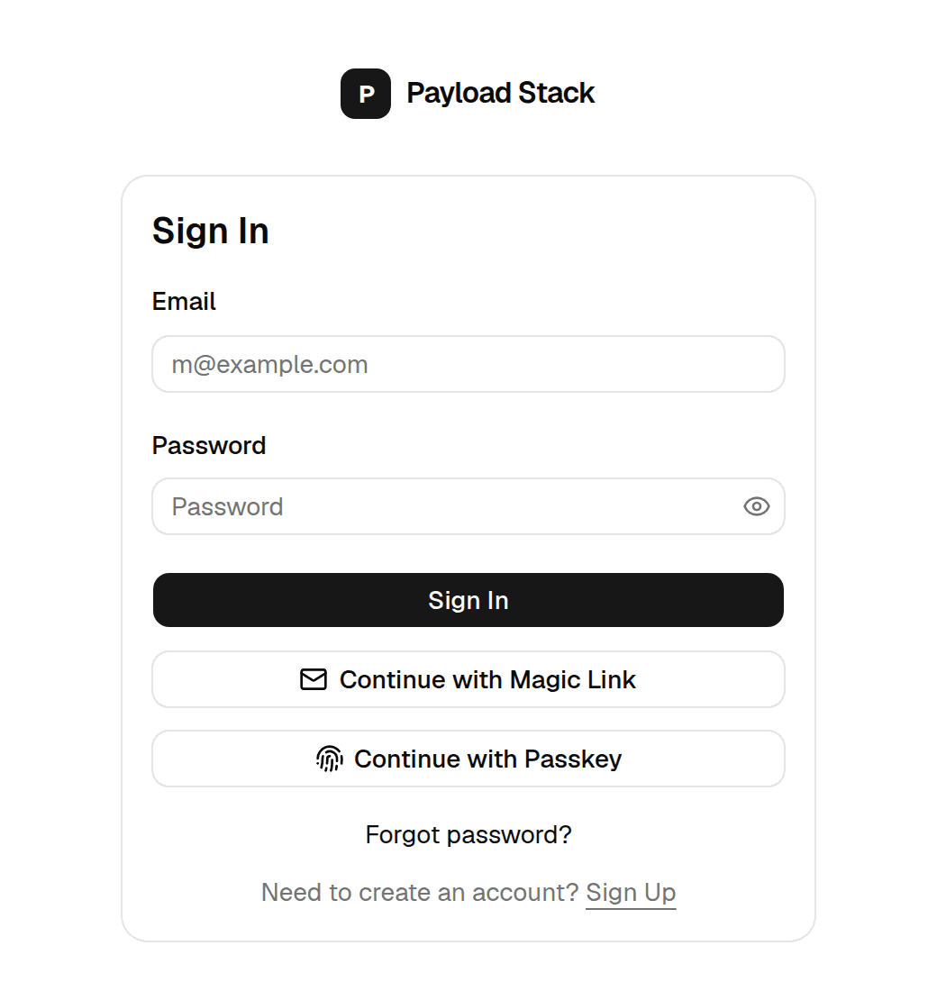 Sign-in screen with email and password, magic link and passkey options