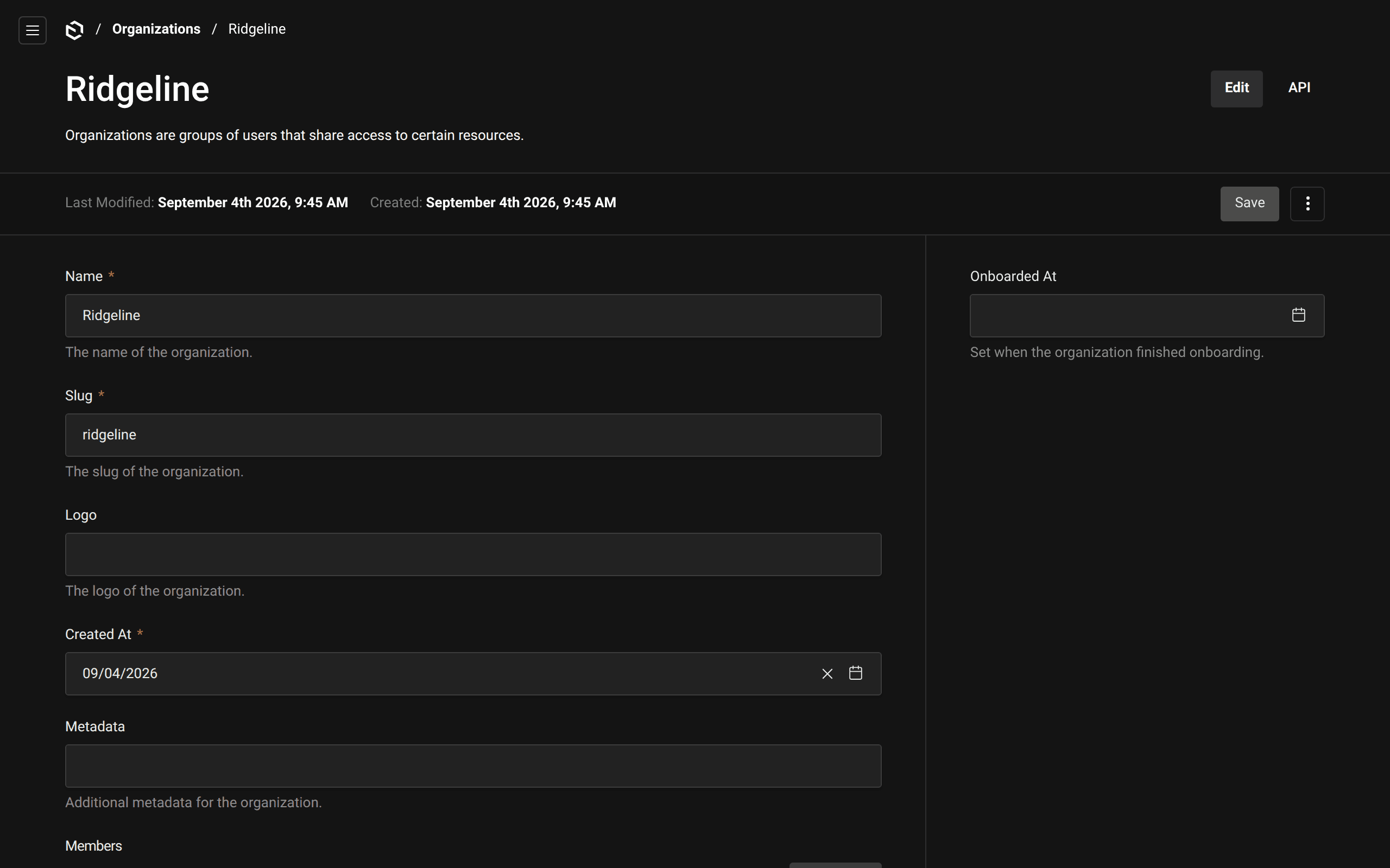 Editing the Ridgeline organization in the Payload admin panel