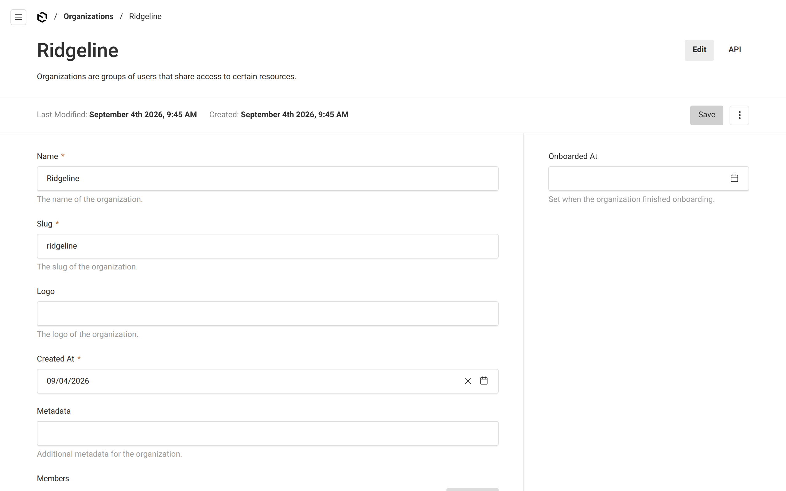 Editing the Ridgeline organization in the Payload admin panel