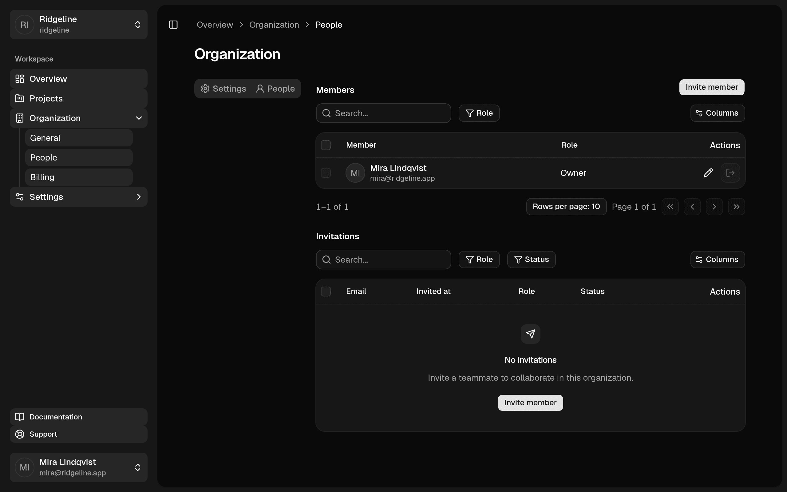 Organization members and invitations in the Payload Stack dashboard