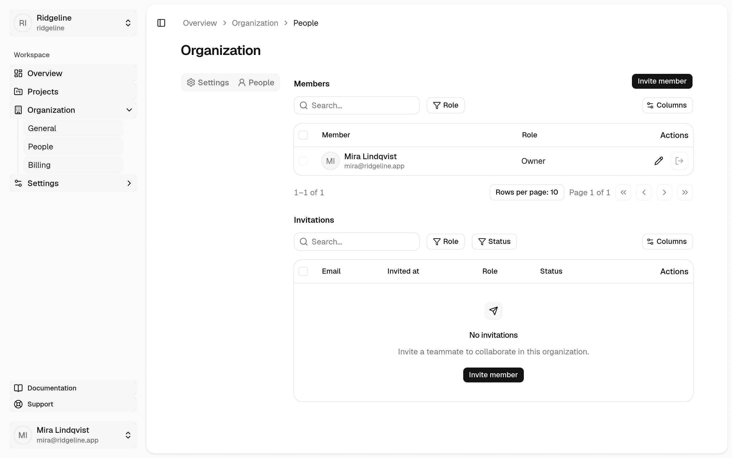 Organization members and invitations in the Payload Stack dashboard